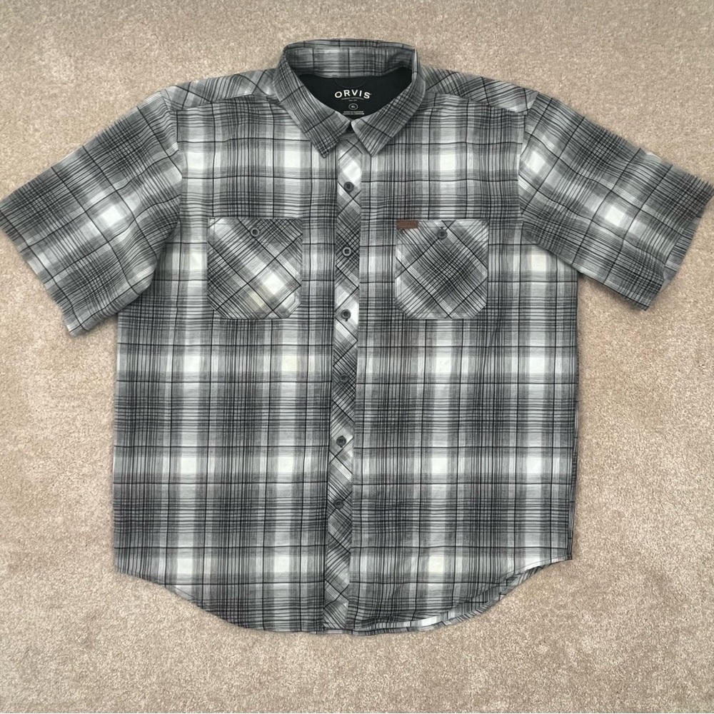 Orvis Shirt Adult Extra Large Gray Button Up Plaid Short Sleeve Outdoor Men